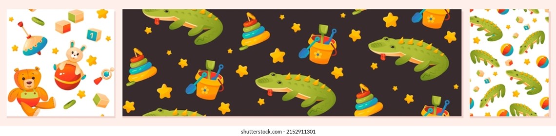 Seamless pattern with toys for children's background. A set of children's backgrounds with a teddy bear and a dinosaur, and stars. Cartoon vector illustration