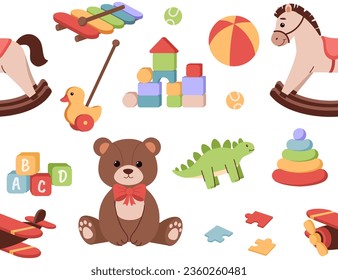 Seamless pattern with toys concept. Repeating design element for printing on fabric. Bear and crocodile with horse and duck toy. Entertainment, leisure and fun. Cartoon flat vector illustration