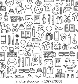 Seamless pattern with toys design elements. Different black outline icons on white background. 