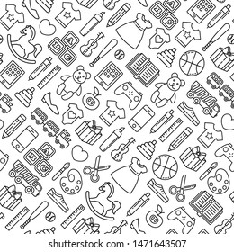 Seamless pattern with toys design elements. Different black outline icons on white background. 