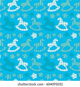 Seamless pattern with toys - horses and stars. Newborn boy blue color background. Design for baby shower, card, invitation, etc.