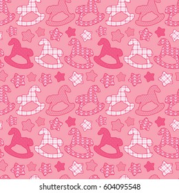 Seamless pattern with toys - horses and stars. Newborn girl pink color background. Design for baby shower, card, invitation, etc.