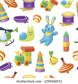 Seamless pattern of toys for kids games. Vector illustration, cartoon style