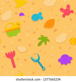 Seamless Pattern Of Toys In The Sand On The Beach. Colorful Children's Toys Isolated On White Background. Vector Illustration In Flat Style