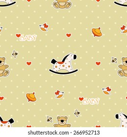 Seamless pattern toys teddy bear, pony, whirligig and bird