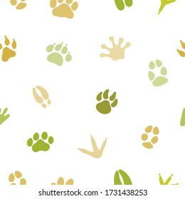 Seamless pattern with traces of animals, birds. Vector doodles isolated on white background. Endless texture with silhouettes of multi-colored footprints. Hand drawn design. For various design, print.
