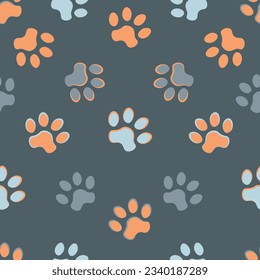 Seamless pattern with traces of a cat or dog on a gray background. Cute color. Vector