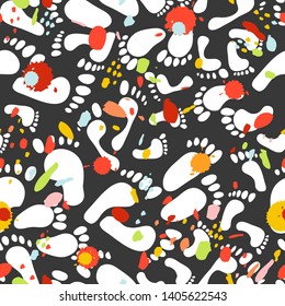 Seamless pattern with traces of different sizes. Traces of people - men, women, children. Abstract hand painted repeat texture with colorful blots of paint.