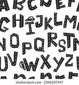 Seamless pattern with track road alphabet. Pattern for bedroom, wallpaper, kids and baby wear.