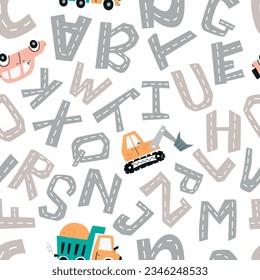 Seamless pattern with track road alphabet. Pattern for bedroom, wallpaper, kids and baby wear.