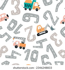 Seamless pattern with track road numbers. Perfect for kids bedroom, nursery decoration, posters and wall decorations