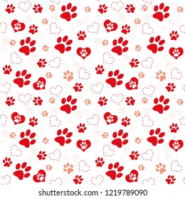 seamless pattern with tracks of animals and hearts