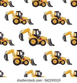 Seamless pattern with tractor backhoe loader. Inspired by road, building machinery. Vector background for decoration children's room, invitations, website, mobile app.