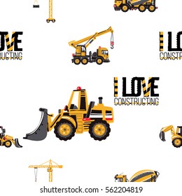 Seamless pattern with tractor backhoe loader, bulldozer, concrete hauler, dumper truck, truck crane, tower crane, i love constructing inscription. Inspired by building machinery.