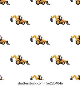 Seamless pattern with tractor backhoe loader. Inspired by road, building machinery. Vector background for decoration children's room, invitations, website, mobile app.