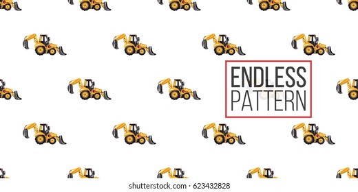 Seamless pattern with tractor backhoe loader. Inspired by variety of road, building machinery. Vector background for decoration for children's room, invitations, website, mobile app.