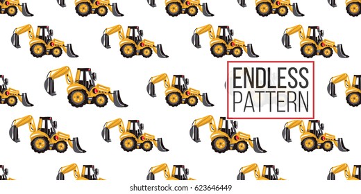 Seamless pattern with tractor backhoe loader. Inspired by variety of road, building machinery. Vector background for decoration for children's room, invitations, website, mobile app.