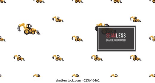 Seamless pattern with tractor backhoe loader. Inspired by variety of road, building machinery. Vector background for decoration for children's room, invitations, website, mobile app.