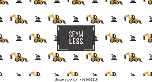 Seamless pattern with tractor backhoe loader and i love build inscription. Inspired by variety of road, building machinery.