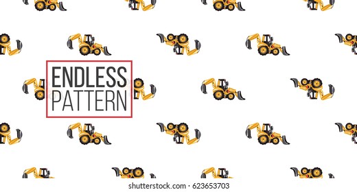 Seamless pattern with tractor backhoe loader. Inspired by variety of road, building machinery. Vector background for decoration for children's room, invitations, website, mobile app.