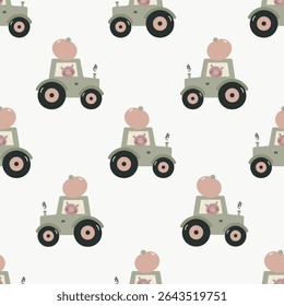 Seamless pattern with tractor and cute pig. Kids background. For card, posters, banners, books, printing on the pack, clothes, fabric, wallpaper, textile or dishes.