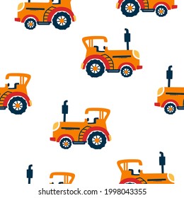 Seamless pattern tractor isolated on yellow background. Vector illustration.