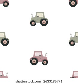 Seamless pattern with tractor. Kids background. For card, posters, banners, books, printing on the pack, clothes, fabric, wallpaper, textile or dishes.	
