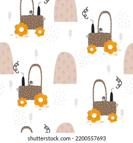 Seamless pattern with tractor on the field and hay. Funny fall print. Vector hand drawn illustration.