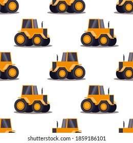 nahtloses Muster mit einem Traktor auf weißem Hintergrund. Vektorgrafik.
