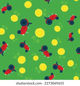 Seamless pattern tractor and sunflowers in cartoon children's style. Gardening and gardening on a home plot or farm. Pattern for packaging textiles.