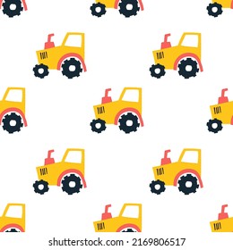 Seamless pattern with tractor yellow body and red pipe. Colored scandinavian style. Vector illustration