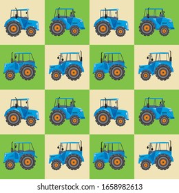 Nahtloses Muster mit Traktoren auf Schachbrett oder auf Käfighintergrund für Kinder oder Jungen. Vektorillustration-Stockillustration mit Textil- und Landwirtschaftsmaschine zum Bedrucken von Textilien oder Tapeten