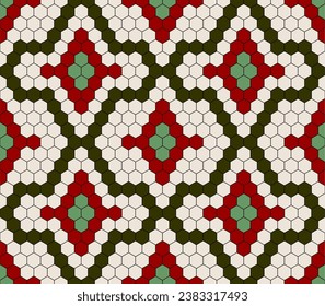 Seamless pattern with tradicional hexagonal tiles style in 5 colors. Vector illustration.