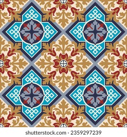 Seamless pattern with tradicional hydraulic tiles style in 7 colors