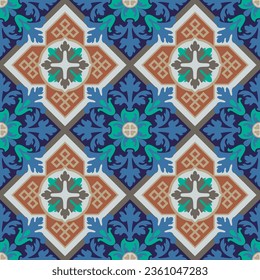 Seamless pattern with tradicional hydraulic tiles style in 7 colors. Vector illustration.