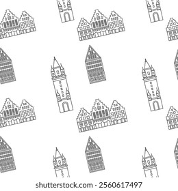 Seamless pattern with traditianal german buildings and old tower. Vector illustration. Architecture isolated on white background.