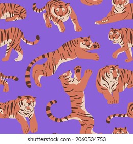 Seamless pattern with tradition oriental zodiac talisman Chinese bengal tiger. Decor for paper and textile. Vector illustration in flat style. Asian culture celebration new year. Big cats, poses.