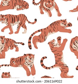 Seamless pattern with tradition oriental zodiac talisman Chinese bengal tiger. Decor for paper and textile. Vector illustration in flat style. Asian culture celebration new year. Big cats, poses.