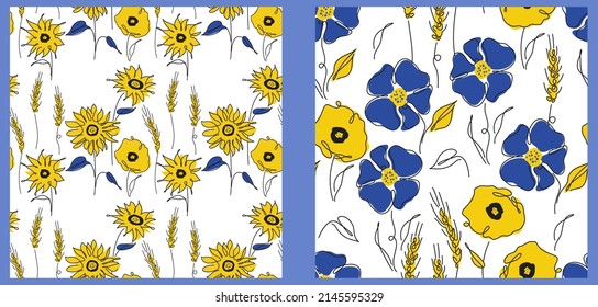 Seamless pattern in Tradition Ukrainian flower, wheat, poppy, cornflower and sunflower. Vector illustration global politics, NO WAR, aggression problem picture in continuous line art style