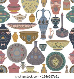Seamless pattern with traditional Arabic utensils collection. Oriental dishes, pots, lantern, bowl, plates, pottery, ceramic with national floral ornament. Vector illustration