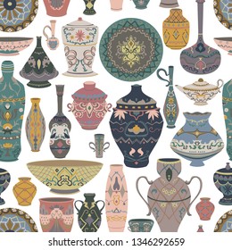 Seamless pattern with traditional Arabic utensils collection. Oriental dishes, pots, lantern, bowl, plates, pottery, ceramic with national floral ornament. Vector illustration