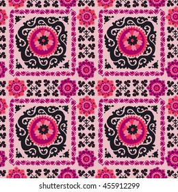 seamless pattern of traditional asian carpet embroidery Suzanne in pink and black color. Uzbek ethnic decorative floral motif for rug, fabric, tablecloth 