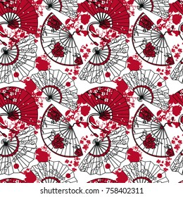 seamless pattern with  traditional asian hand paper fans with beautiful ornaments and sakura flowers, red and white colors, vector illustration