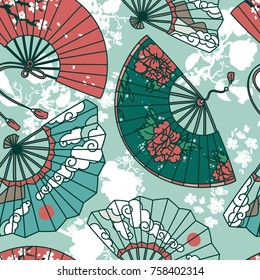 seamless pattern with  traditional asian hand paper fans with beautiful ornaments and sakura flowers, romantic palette, vector illustration