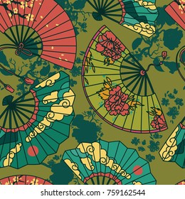 seamless pattern with  traditional asian hand paper fans with beautiful ornaments and sakura flowers, vector illustration