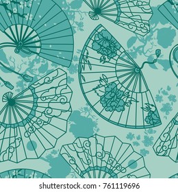 seamless pattern with  traditional asian hand paper fans with beautiful ornaments and sakura flowers, turquoise color, vector illustration