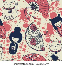 Seamless pattern with  traditional asian souvenirs: hand paper fans, kokeshi dolls, maneki neko and sakura flowers, vector illustration