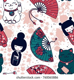 Patrón sin problemas con los recuerdos asiáticos tradicionales: fanáticos del papel de mano, muñecas kokeshi, flores maneki neko y sakura, ilustración vectorial