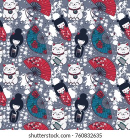 Seamless pattern with  traditional asian souvenirs: hand paper fans, kokeshi dolls, maneki neko and sakura flowers, vector illustration