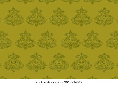 Patrón incomparable de arte tradicional bengalí de pavo real alpona sobre el fondo verde oliva con diseño amarillo claro y verde oscuro.